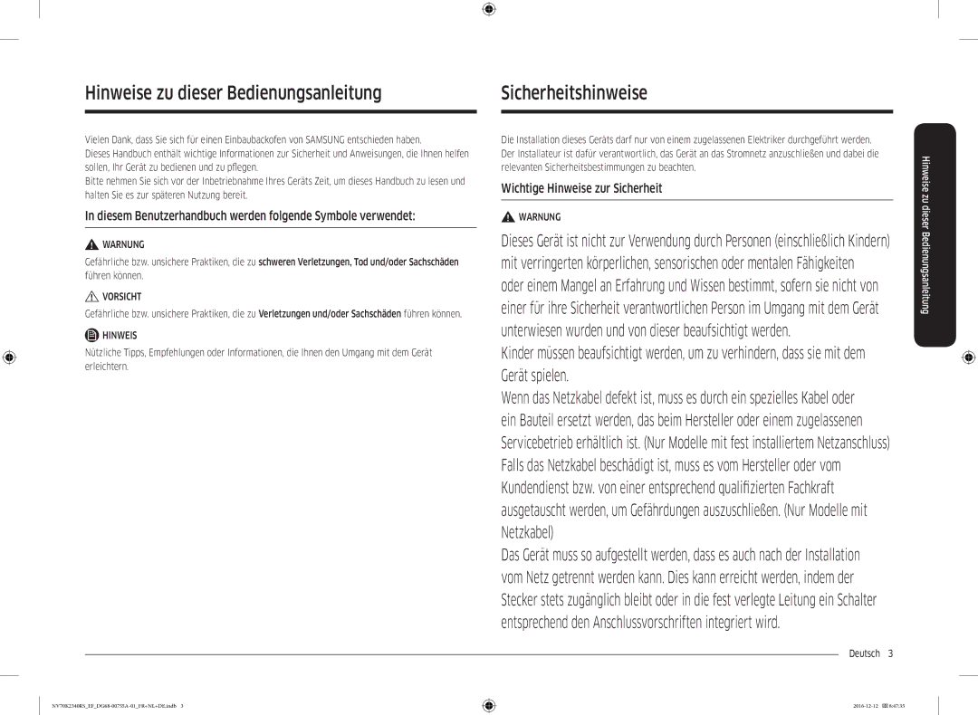 Samsung NV70K2340RS/EF manual Sicherheitshinweise, Hinweise zu dieser Bedienungsanleitung, Wichtige Hinweise zur Sicherheit 